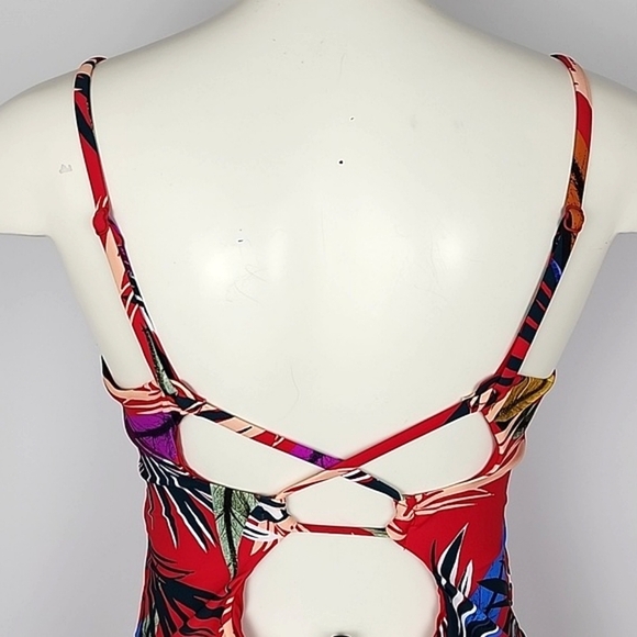 One Piece Bathing Suit Strappy Back Red Multi Tropical Floral Print Size  S/M - Picture 4 of 15